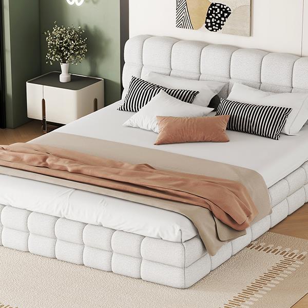 Queen Size Upholstered Platform Bed, White