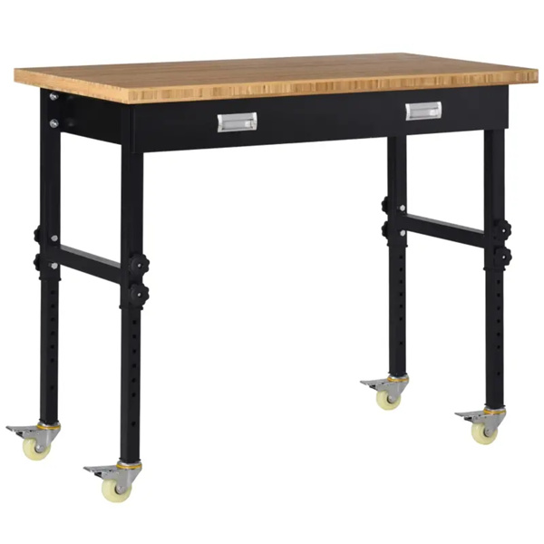 47" Garage Work Bench with Drawer and Wheels, Height Adjustable Legs, Bamboo Tabletop Workstation Tool Table