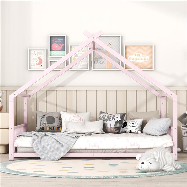 Full Size Metal House Bed, Pink