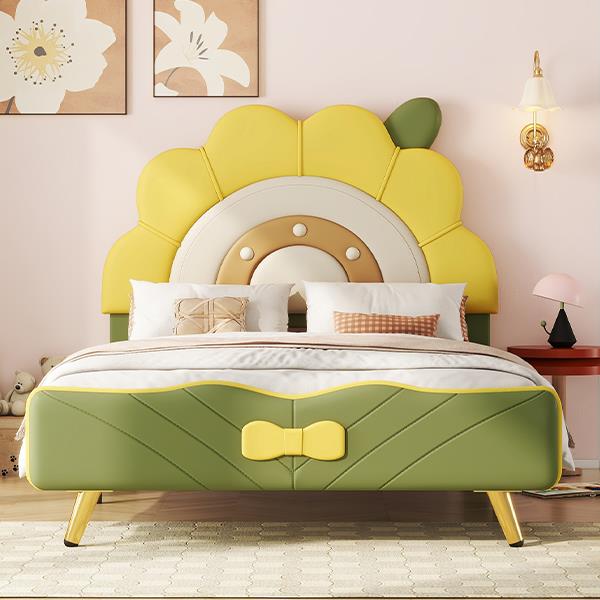 Twin Size Upholstered Platform Bed with Sunflower Shaped Headboard, Green