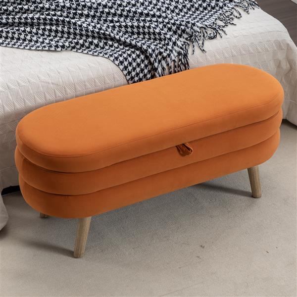 036-Velvet Fabric Storage Bench Bedroom Bench With Wood Legs For Living Room Bedroom Indoor,Orange