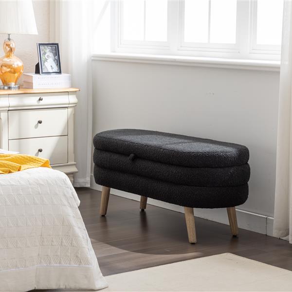 036-Boucle Fabric Storage Bench Bedroom Bench With Wood Legs For Living Room Bedroom Indoor,Black