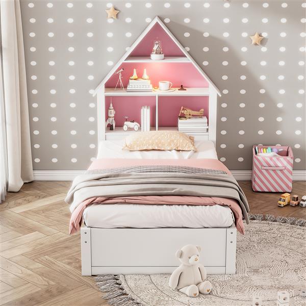 Twin Size House-Shaped Bed with Bookcase Headboard and Led Light and Twin Size Trundle for Kids Boys Girls, Pink+ White