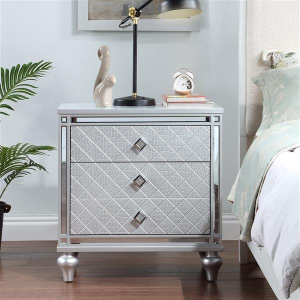 Contemporary Nightstands with mirror frame accents, Bedside Table with two drawers and one hidden drawer, End Table with Crystal Pull for Living Room,Bedroom, Silver