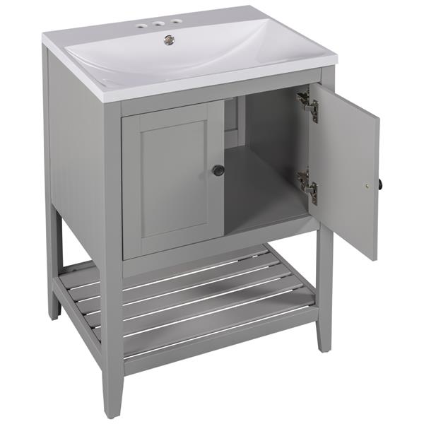 [VIDEO] 24" Grey Modern Sleek Bathroom Vanity Elegant Ceramic Sink with Solid Wood Frame Open Style Shelf