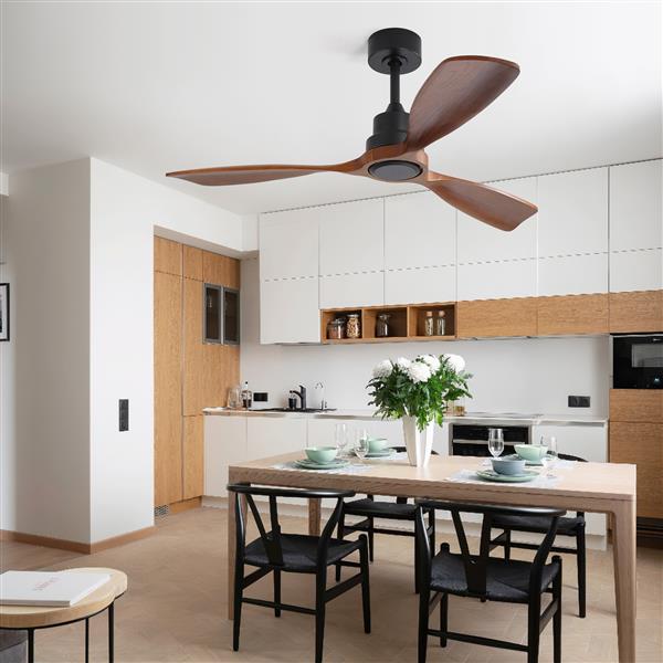 48 Inch Ceiling Fan Without Light, 3 Solid Wood Blades Outdoor Ceiling Fan 6-speed Reversible DC Motor for Living Room