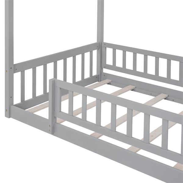 Twin Size Wood Bed House Bed Frame with Fence, for Kids, Teens, Girls, Boys, Gray