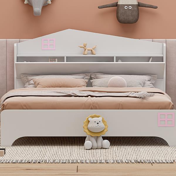 Wooden Full Size House Bed with Storage Headboard ,Kids Bed with Storage Shelf,White