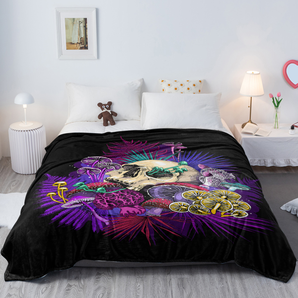 Mushroom Printed Flannel Throw Blanket Colorful Ultra-Soft Fuzzy Lightweight Flannel Skull Throw Blankets for Couch Bed Sofa All Season Warm Cozy Camping Picnic Suit for Adults 130X150cm