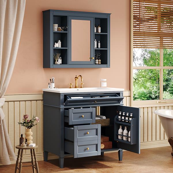 36'' Bathroom Vanity with  Medicine Cabinet, Royal Blue Mirror Cabinet, Modern Bathroom Storage Cabinet with 2 Soft Closing Doors and 4 Drawers, Single Sink Bathroom Vanity