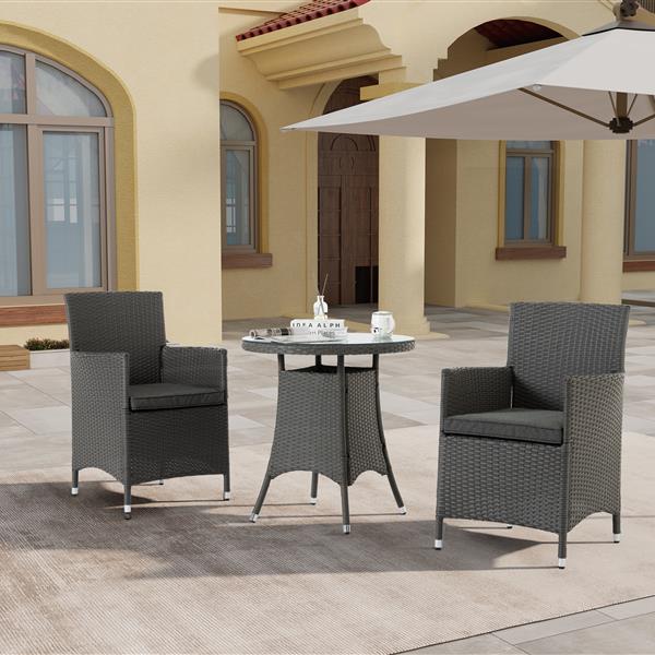 3 Piece Outdoor Dining Set All-Weather Wicker Patio Dining Table and Chairs with Cushions, Round Tempered Glass Tabletop for Patio Backyard Porch Garden Poolside