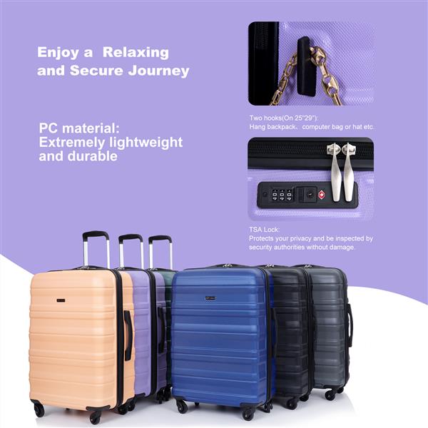 Expandable 3 Piece Luggage Sets PC Lightweight & Durable Suitcase with Two Hooks, Spinner Wheels, TSA Lock, (21/25/29) Purple