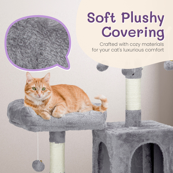 57 inch Cat Tree Cat Tower for Indoor Cats, Cat House with Padded Platform Bed, Toy Balls, Large Cozy Condo and Sisal Scratching Posts, Light Grey