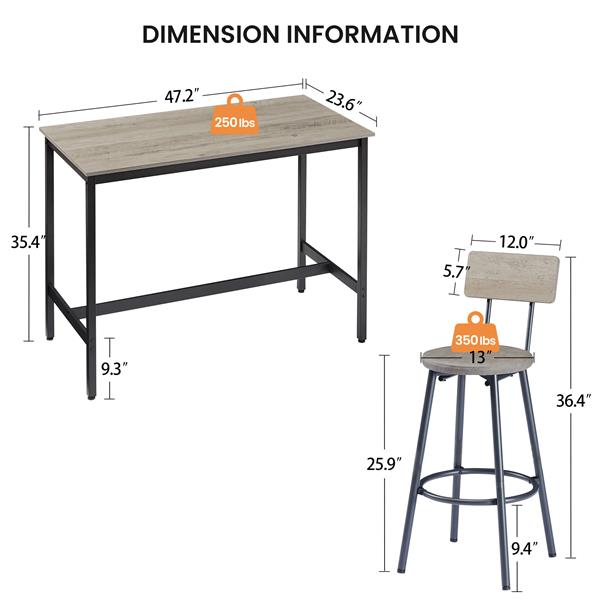 Pub High Dining Table 7 Piece Set, Industrial Style Pub Table, 6 PU Leather Bar Chairs for Kitchen Breakfast Table, Living Room, Bar, Rustic Grey, 47.2″L x 23.6"W x 35.4"H