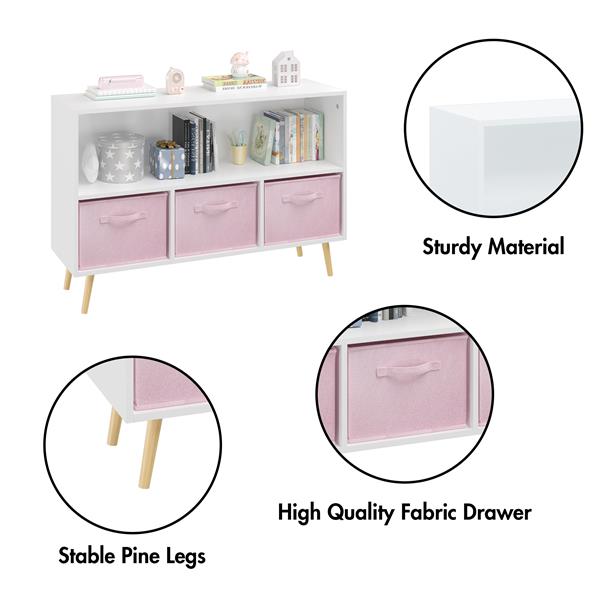 Kids bookcase with Collapsible Fabric Drawers, Children's Book Display, Toy Storage Cabinet Organizer, White/Pink