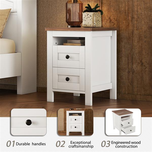 2-Drawer Farmhouse Wooden Nightstand with Well-proportioned Design and Sleek Lines, Wood Side Table with Storage Cabinet for Bedroom, White+Brown