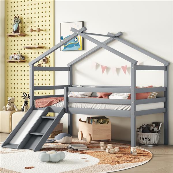 Twin Low Loft House Bed with Slide,  Ladder, Safety Guardrails, House Roof Frame,Grey