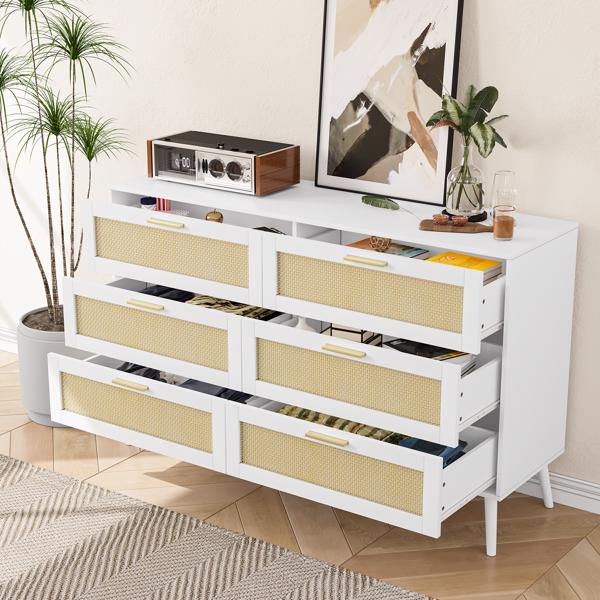 white Rattan 6 Drawers Chest of Dressers for Bedroom Modern 6 Drawer Dresser, Wide Chest of Drawers with Gold Handles, Rattan Dresser Storage Cabinet for Living Room, Bedroom, Hallway 