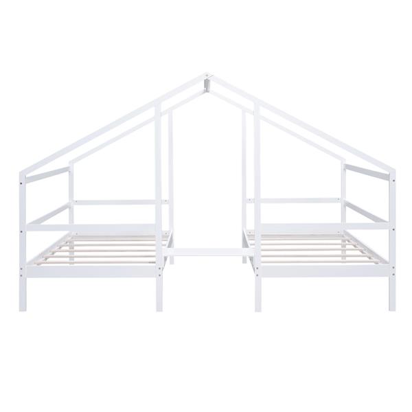 Double Twin Size Triangular House Beds with Built-in Table,White