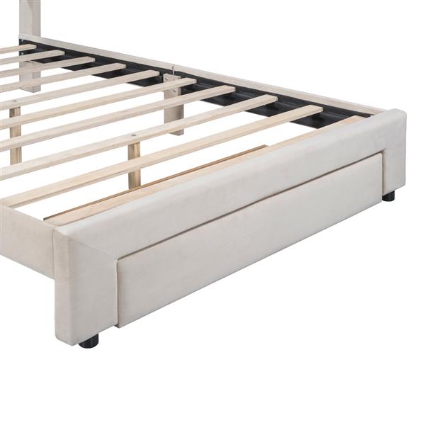 Full Size Storage Bed Velvet Upholstered Platform Bed with a Big Drawer - Beige