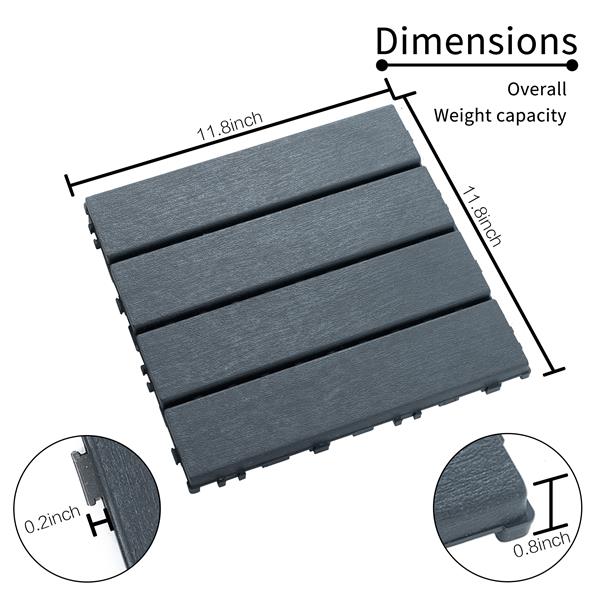 Plastic Interlocking Deck Tiles,44 Pack Patio Deck Tiles,11.8"x11.8" Square Waterproof Outdoor Floor All Weather Use, Patio Floor Decking Tiles for Porch Poolside Balcony Backyard (Dark Grey 44 pack)