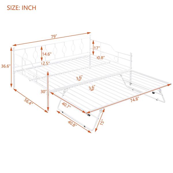 Full Size Metal Daybed with Twin Size Adjustable Trundle, Portable Folding Trundle, White