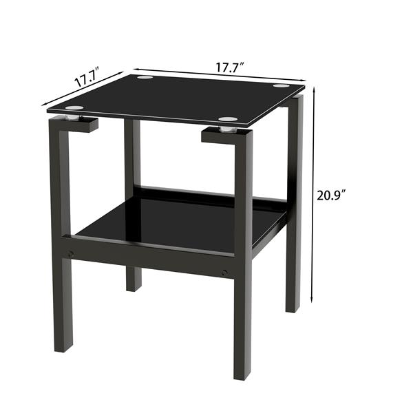 Black Tempered Glass End Table with 2 layer, Small Side Table for Living Room