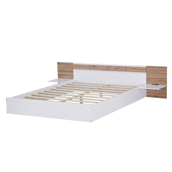 Queen Size Platform Bed with Headboard, Shelves, USB Ports and Sockets, White