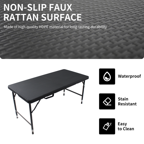 4ft Rattan Folding Table for Indoor&Outdoor, Portable Foldable Table Rattan Plaited Black 