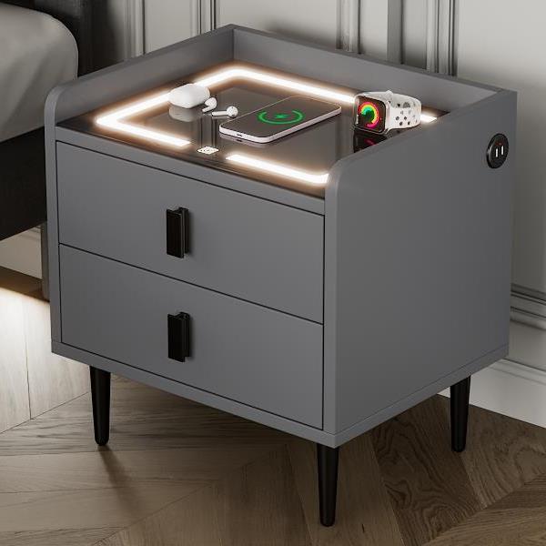 Nightstand with Wireless Charging Station,USB Charging and Adjustable LED Lights, Modern End Table with 2 Drawers for Bedroom,Gray