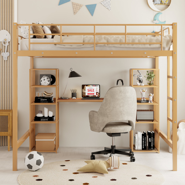 Full Size Metal Loft Bed with Built-in Desk and Shelves, Gold+Brown