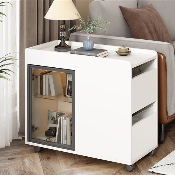 Modern End Table with LED light and Wheels, Side Table with Transparent Brown Glass Door, 2 Storage Shelves and Drawers for Living Room, White