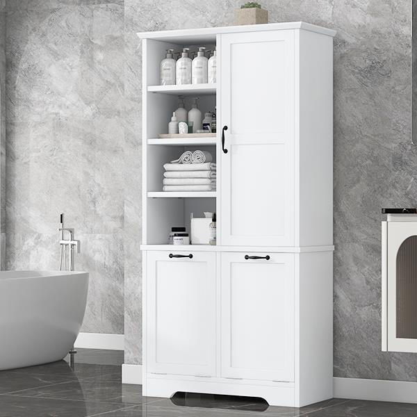 Bathroom Storage Cabinet with Doors and Drawers, Tilt-Out Laundry Hamper, Multiple Storage Space, Freestanding Style, Open Shelve, Adjustable Shelf, White