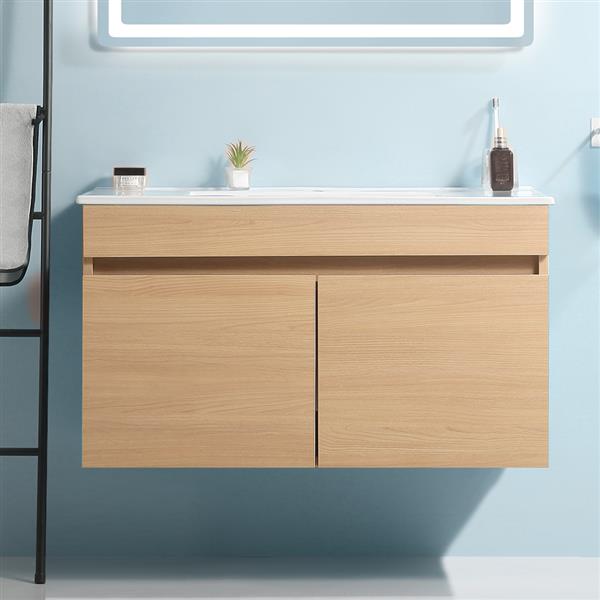 24 Inch Wall Mounted Bathroom Vanity with White Ceramic Basin,Two Soft  Close Cabinet Doors, Solid Wood,Excluding faucets,Light Oak