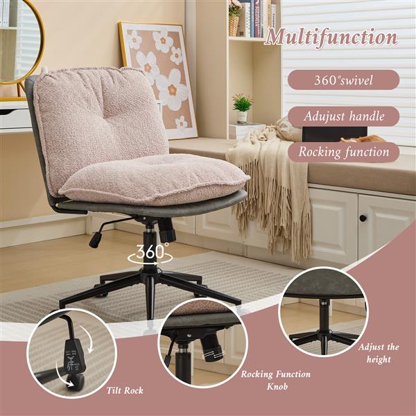 Oversize Seat Cirss Cross Chair with Wheels, Elegant Design Computer Chair, Adjustable Height 360° Rolling Swivel Home Office Chair for Small Space, Dressing Room, Living Room (GRAY+PINK)