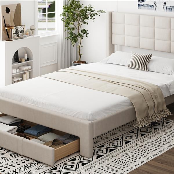 Queen Size Upholstered Platform Bed with A Big Drawer, Beige