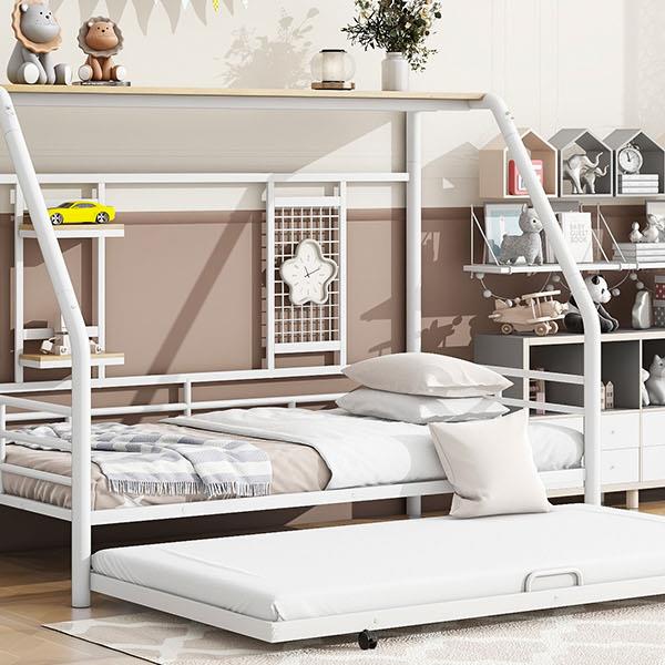 Twin Size Metal House Bed with Trundle, White