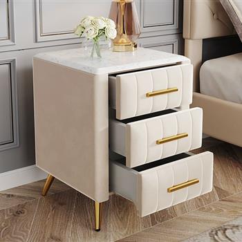 Upholstered Wooden Nightstand with 3 Drawers and Metal Legs&Handles,Fully Assembled Except Legs&Handles,Bedside Table with Marbling Worktop - Beige