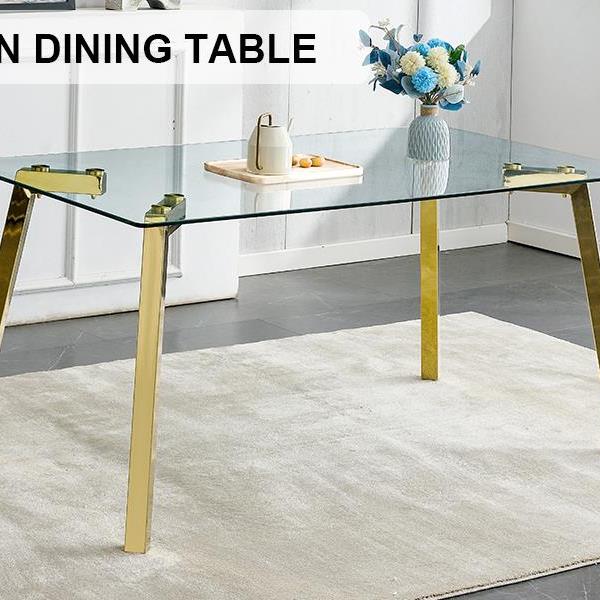 Modern minimalist style rectangular glass dining table with tempered glass tabletop and golden metal legs, suitable for kitchen, dining room, and living room, 63 inches * 35.4 inches * 30 inches