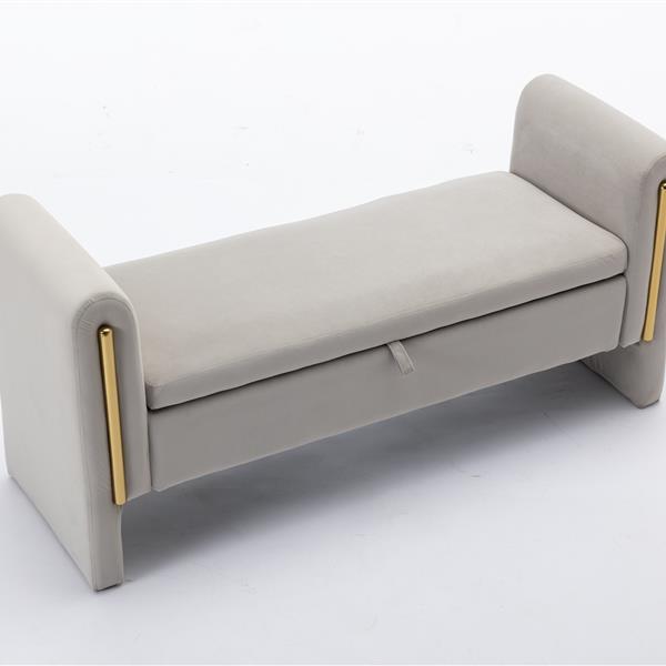 032-Velvet Fabric Storage Bench Bedroom Bench With Gold Metal Trim Strip For Living Room Bedroom Indoor,Light Gray