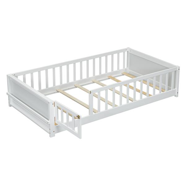 Twin size Floor Platform Bed with Built-in Book Storage Rack, Door,White