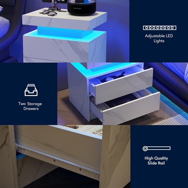 Nightstand LED Bedside Table Cabinet Lights Modern End Side with 2 Drawers for Bedroom (White Stone)