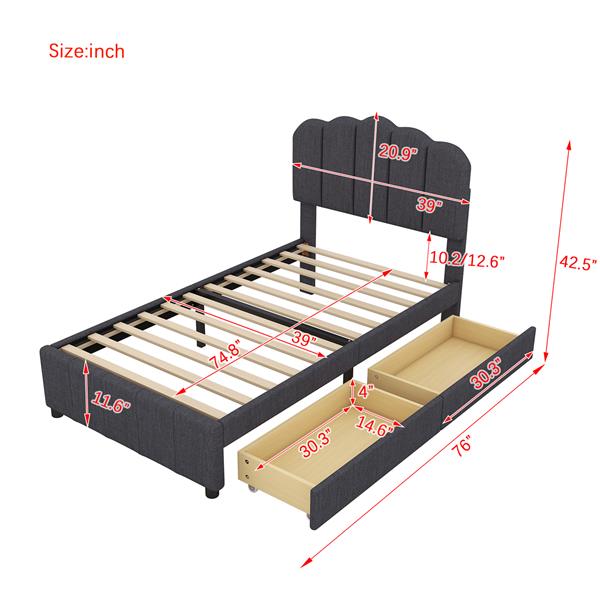 Twin Size Upholstered Bed with 2 Storage Drawers,Wood Slat Support, Gray