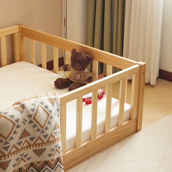 Fence bed with door and decking, natural wood color, painted surface, pine wood, twin children's bed