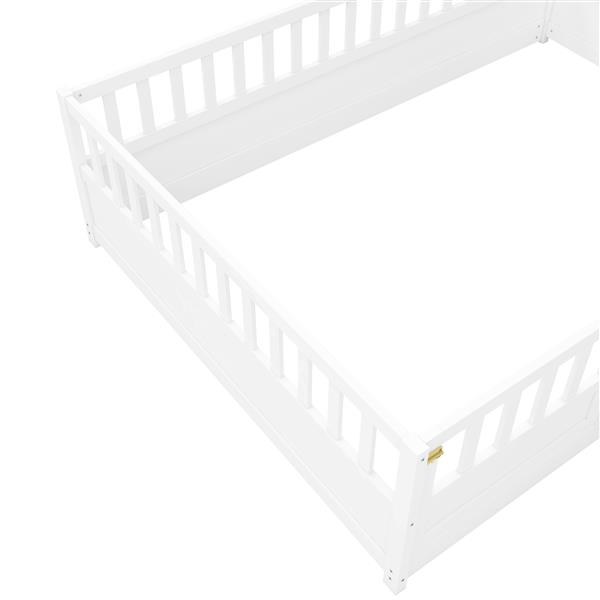 Full size  Floor bed, integral construction with super high security barrier, door, children's floor bed frame, Montessori wooden children's floor bed, white