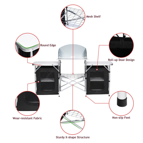 Foldable camping kitchen with 2-sided windshield pockets