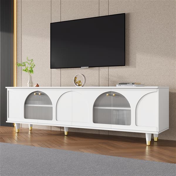 Contemporary TV Stand with Adjustable Shelves for TVs Up to 78'', Stylish Media Console with Gold Handles and Arch Fluted Glass Doors, Delicate Entertainment Center for Living Room, White