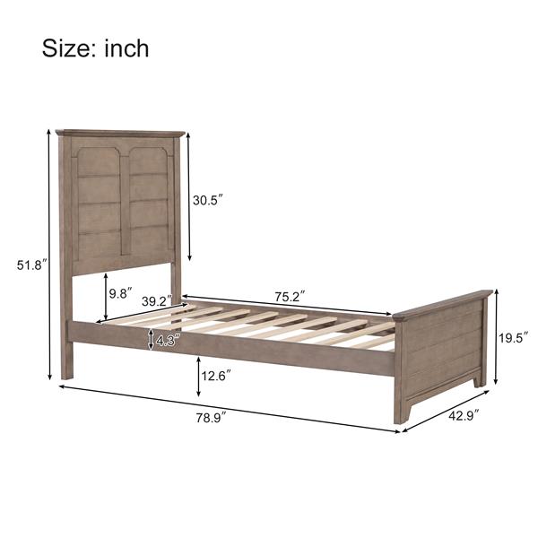 Farmhouse Wooden Platform Twin Size Bed with Panel Design Headboard and Footboard for Teenager, Ash Brown