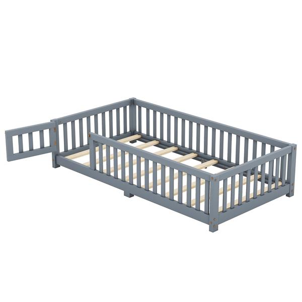 Twin Size Bed Floor Bed with Safety Guardrails and Door for Kids, Gray