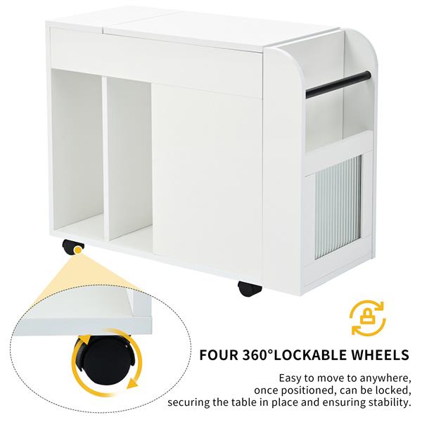 Multifunctional End Table with Wheels, Side Table with Tempered glass door, 2 Storage Shelves, 2 Drawers for Living Room, White